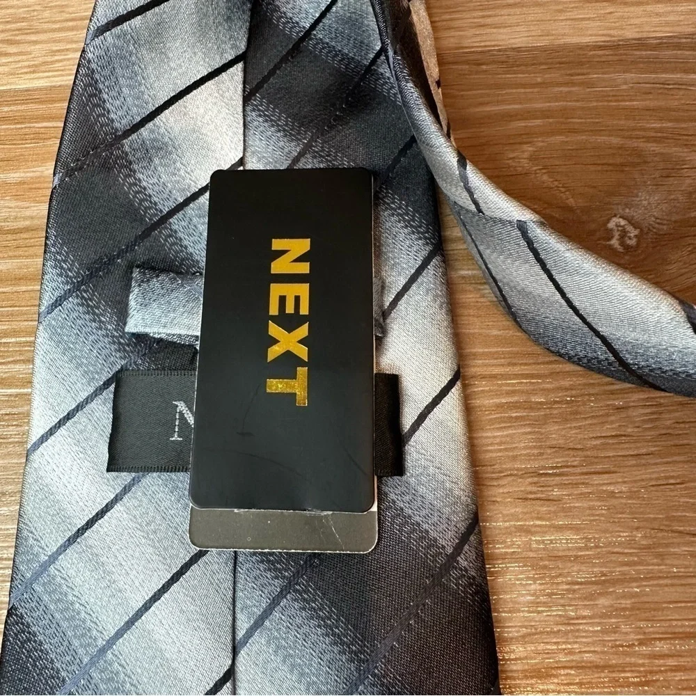 NWT Next 100% Silk Hand made Black Gray Stripe Neck Tie